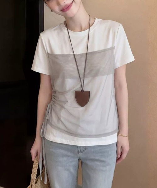 CHUN CHUN NOTES(チュンチュンノーツ)の「26SS/シアービスチェレイヤード風半袖トップス(Tシャツ/カットソー・レディース・ブラウン/ホワイト/グレー・F)」の7枚目の写真