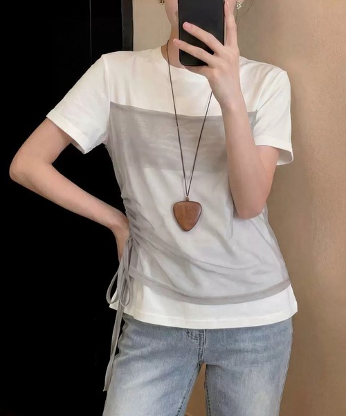 CHUN CHUN NOTES(チュンチュンノーツ)の「26SS/シアービスチェレイヤード風半袖トップス(Tシャツ/カットソー・レディース・ブラウン/ホワイト/グレー・F)」の8枚目の写真
