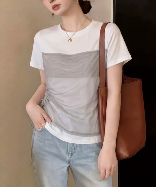 CHUN CHUN NOTES(チュンチュンノーツ)の「26SS/シアービスチェレイヤード風半袖トップス(Tシャツ/カットソー・レディース・ブラウン/ホワイト/グレー・F)」の6枚目の写真