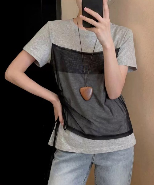 CHUN CHUN NOTES(チュンチュンノーツ)の「26SS/シアービスチェレイヤード風半袖トップス(Tシャツ/カットソー・レディース・ブラウン/ホワイト/グレー・F)」の9枚目の写真