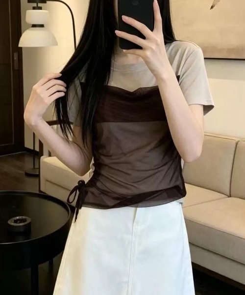 CHUN CHUN NOTES(チュンチュンノーツ)の「26SS/シアービスチェレイヤード風半袖トップス(Tシャツ/カットソー・レディース・ブラウン/ホワイト/グレー・F)」の14枚目の写真