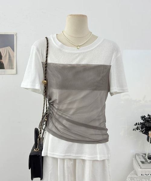 CHUN CHUN NOTES(チュンチュンノーツ)の「26SS/シアービスチェレイヤード風半袖トップス(Tシャツ/カットソー・レディース・ブラウン/ホワイト/グレー・F)」の15枚目の写真