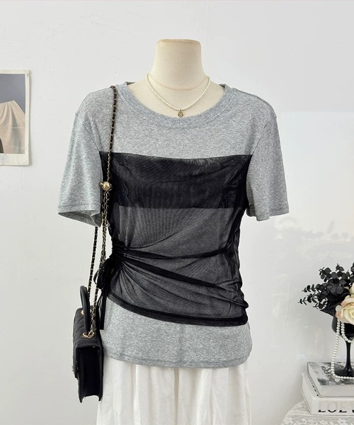 CHUN CHUN NOTES(チュンチュンノーツ)の「26SS/シアービスチェレイヤード風半袖トップス(Tシャツ/カットソー・レディース・ブラウン/ホワイト/グレー・F)」の17枚目の写真