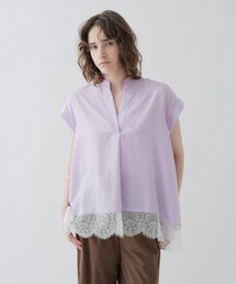 【ひんやり/体型カバー】レースフレンチスリーブ スキッパーブラウス