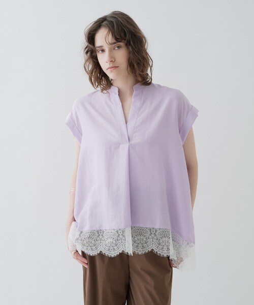 cloenc(クロエンス)の「【ひんやり/体型カバー】レースフレンチスリーブ スキッパーブラウス(シャツ/ブラウス・レディース・ブラック/オフホワイト/パープル・01/02)」の3枚目の写真