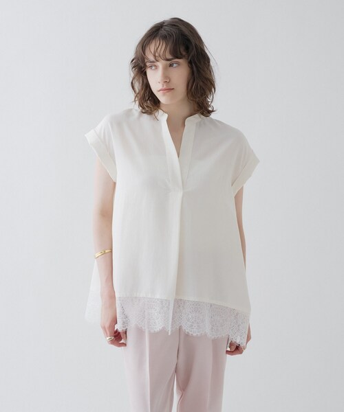 cloenc(クロエンス)の「【ひんやり/体型カバー】レースフレンチスリーブ スキッパーブラウス(シャツ/ブラウス・レディース・ブラック/オフホワイト/パープル・01/02)」の1枚目の写真