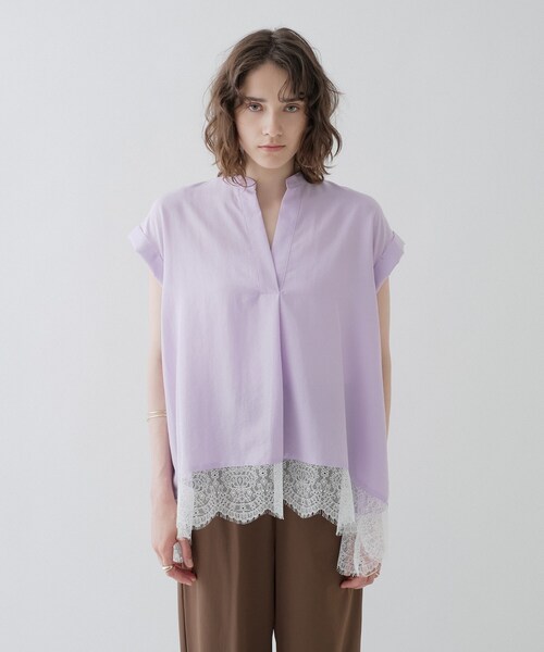 cloenc(クロエンス)の「【ひんやり/体型カバー】レースフレンチスリーブ スキッパーブラウス(シャツ/ブラウス・レディース・ブラック/オフホワイト/パープル・01/02)」の6枚目の写真