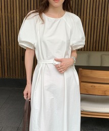 ラウンドネック パフスリーブ ウエストリボン ワンピース