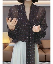 ドット柄 Vネック ボウタイ シフォンブラウス