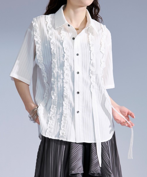 Ellno Loset(エルノロゼット)の「ヨウリュウフリルコードシャツ(シャツ/ブラウス・メンズ・ブルー/ブラック/オフホワイト・SMALL/LARGE/MEDIUM)」の11枚目の写真