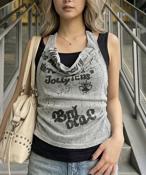 non-hedge(ノンヘッジ)の「アンサンブル風ドレープノースリーブトップス(Tシャツ/カットソー・レディース・ブラック/オフホワイト・FREE)」の2枚目の写真