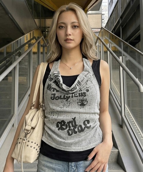 non-hedge(ノンヘッジ)の「アンサンブル風ドレープノースリーブトップス(Tシャツ/カットソー・レディース・ブラック/オフホワイト・FREE)」の5枚目の写真