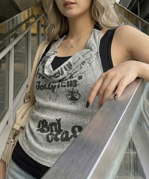 non-hedge(ノンヘッジ)の「アンサンブル風ドレープノースリーブトップス(Tシャツ/カットソー・レディース・ブラック/オフホワイト・FREE)」の7枚目の写真