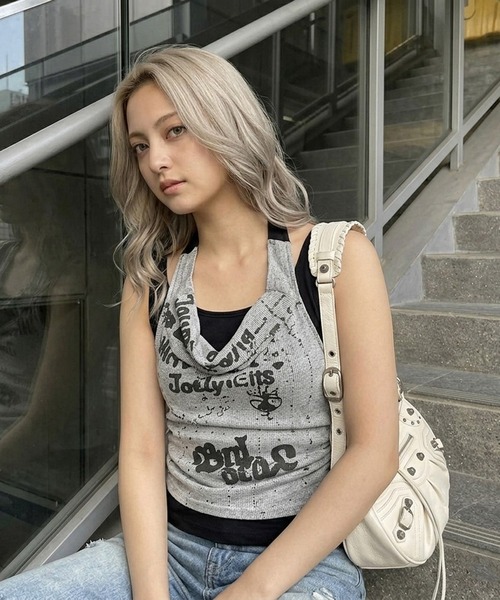 non-hedge(ノンヘッジ)の「アンサンブル風ドレープノースリーブトップス(Tシャツ/カットソー・レディース・ブラック/オフホワイト・FREE)」の8枚目の写真