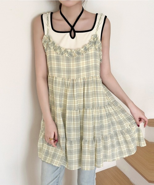 DAY CLOSET(デイ クローゼット)の「【ミニ丈/丈感の調節可】チェック柄キャミソールワンピース チュニック レディース(キャミソール・レディース・イエロー/ブルー・FREE)」の1枚目の写真
