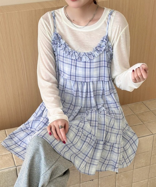 DAY CLOSET(デイ クローゼット)の「【ミニ丈/丈感の調節可】チェック柄キャミソールワンピース チュニック レディース(キャミソール・レディース・イエロー/ブルー・FREE)」の2枚目の写真