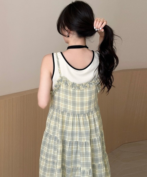 DAY CLOSET(デイ クローゼット)の「【ミニ丈/丈感の調節可】チェック柄キャミソールワンピース チュニック レディース(キャミソール・レディース・イエロー/ブルー・FREE)」の10枚目の写真