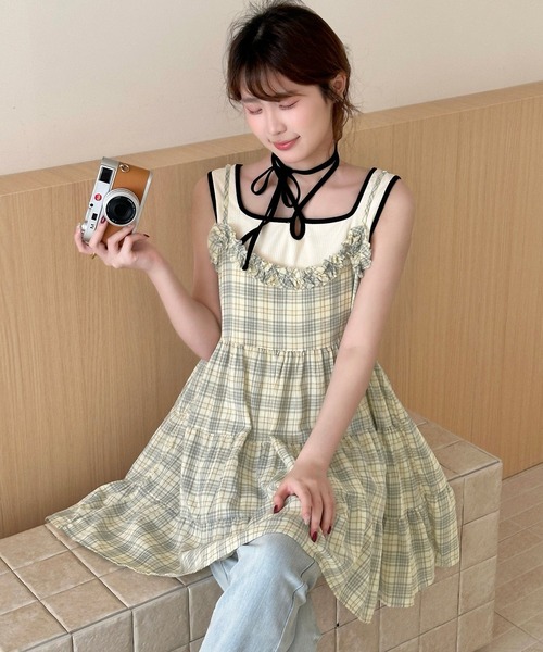 DAY CLOSET(デイ クローゼット)の「【ミニ丈/丈感の調節可】チェック柄キャミソールワンピース チュニック レディース(キャミソール・レディース・イエロー/ブルー・FREE)」の11枚目の写真
