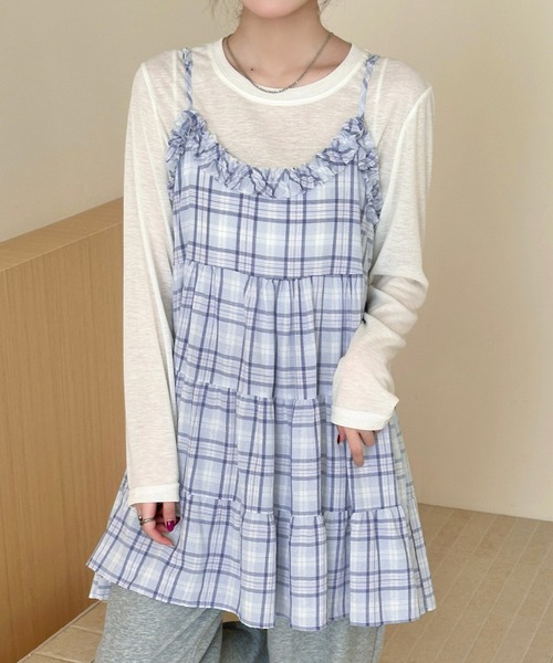 DAY CLOSET(デイ クローゼット)の「【ミニ丈/丈感の調節可】チェック柄キャミソールワンピース チュニック レディース(キャミソール・レディース・イエロー/ブルー・FREE)」の3枚目の写真