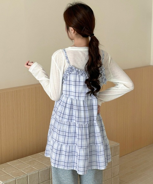 DAY CLOSET(デイ クローゼット)の「【ミニ丈/丈感の調節可】チェック柄キャミソールワンピース チュニック レディース(キャミソール・レディース・イエロー/ブルー・FREE)」の7枚目の写真