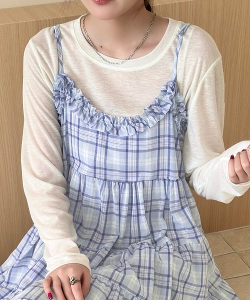 DAY CLOSET(デイ クローゼット)の「【ミニ丈/丈感の調節可】チェック柄キャミソールワンピース チュニック レディース(キャミソール・レディース・イエロー/ブルー・FREE)」の14枚目の写真