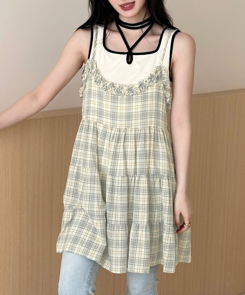 DAY CLOSET(デイ クローゼット)の「【ミニ丈/丈感の調節可】チェック柄キャミソールワンピース チュニック レディース(キャミソール・レディース・イエロー/ブルー・FREE)」の15枚目の写真