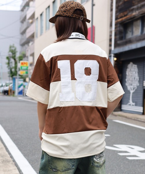 ATMARK(アットマーク)の「<2サイズ展開 / ユニセックス>エンブレムロゴ ナンバリングポロシャツ ラガーシャツ ボーダー アップリケ(ポロシャツ・メンズ・ブラック系/ブラウン系・S/M)」の12枚目の写真