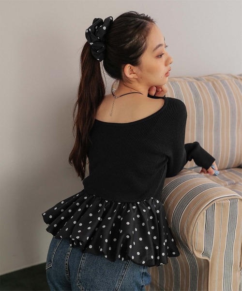 miette(ミエット)の「シュシュセットペプラムドッキングニット(ニット/セーター・レディース・ブラック系その他/ブラック系その他2/ブラック/ドット・FREE)」の1枚目の写真
