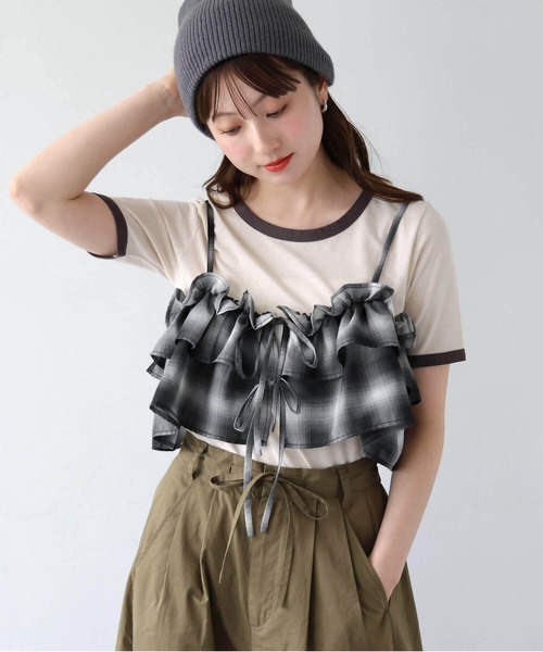 tiptop(ティップトップ)の「シアーチェックフリルビスチェ(キャミソール・レディース・ベージュ/ブラック/ブラウン・FREE)」の14枚目の写真