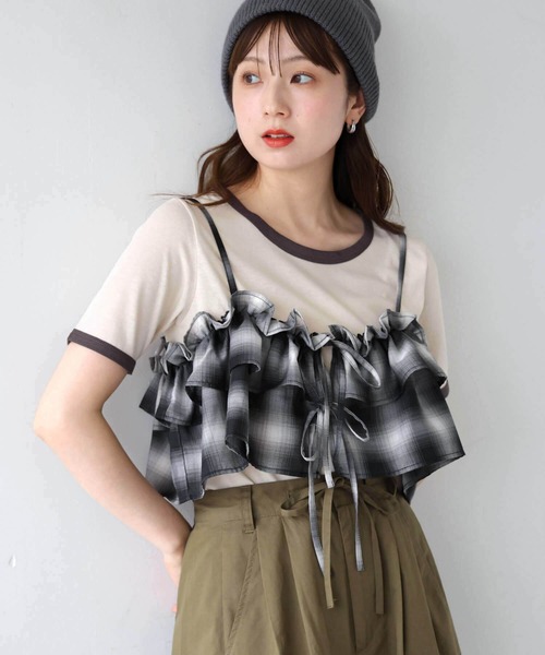 tiptop(ティップトップ)の「シアーチェックフリルビスチェ(キャミソール・レディース・ベージュ/ブラック/ブラウン・FREE)」の15枚目の写真