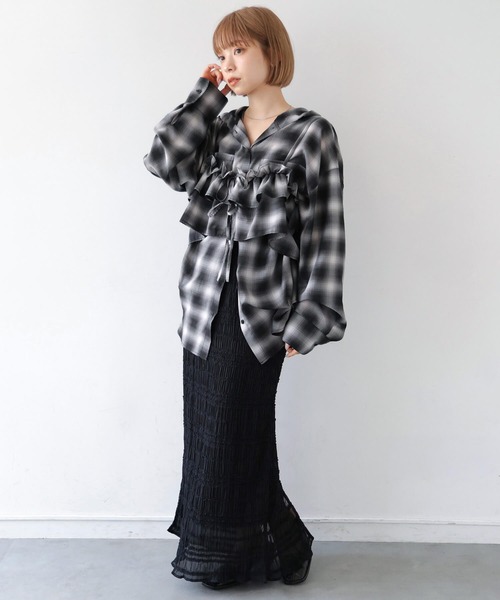 tiptop(ティップトップ)の「シアーチェックフリルビスチェ(キャミソール・レディース・ベージュ/ブラック/ブラウン・FREE)」の9枚目の写真