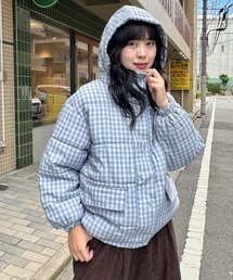 フード付きギンガムチェックダウンジャケット