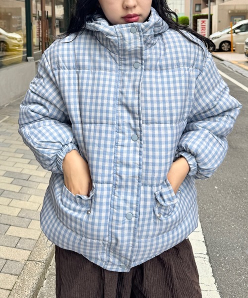 SOLLON.(ソルロン)の「フード付きギンガムチェックダウンジャケット(ダウンジャケット/コート・レディース・ライトブルー・FREE)」の5枚目の写真