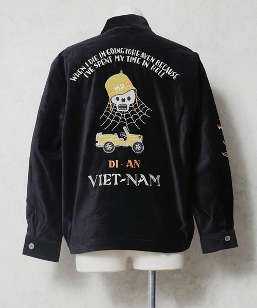 HOUSTON(ヒューストン)の「HOUSTON ヒューストン VELVETEEN VIETNAM JACKET 地図 スカル 刺繍 別珍 ベトナムジャケット / ベトジャン / スーベニアジャケット(ブルゾン・メンズ・ターコイズブルー/ブラウン/ブラック系その他/マルーン/ミント/ブラック・M/XL/L)」の2枚目の写真