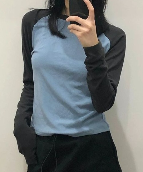 SHEPP(シープ)の「【26年秋冬新作】クルーネック バイカラー ラグランTシャツ(Tシャツ/カットソー・レディース・ブルー/ホワイト/ブラウン/ピンク/ライトグレー・M)」の4枚目の写真