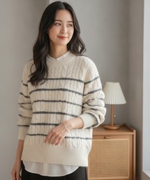 【ボーダー・大人定番】ボーダークルーネックニットセーター/3色展開|ホワイト グレー ブラウン ざっくり編み 秋冬コーデ きれいめ 大人カジュアル 着回し