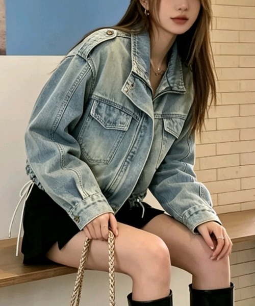 AMAJI（アマジ）の「ヴィンテージ風 ライダース ショート丈 ジップアップ デニムジャケット（デニムジャケット・レディース・ライトブルー・X-LARGE/LARGE/MEDIUM/SMALL）」の4枚目の写真
