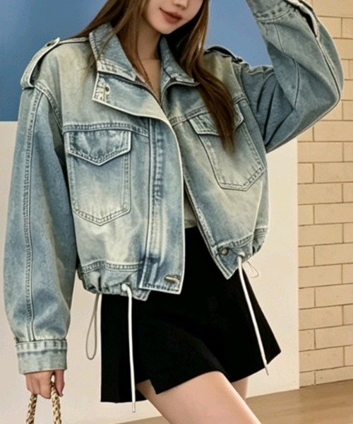 AMAJI（アマジ）の「ヴィンテージ風 ライダース ショート丈 ジップアップ デニムジャケット（デニムジャケット・レディース・ライトブルー・X-LARGE/LARGE/MEDIUM/SMALL）」の3枚目の写真
