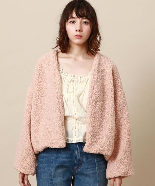 Another Edition（アナザーエディション）の「ボアノーカラーカーディガン（ノーカラージャケット・レディース・ブラック/ライトグレー/ケリー/ライトピンク・フリー）」の6枚目の写真