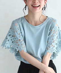 涼やかな花カットレース袖Tシャツトップス