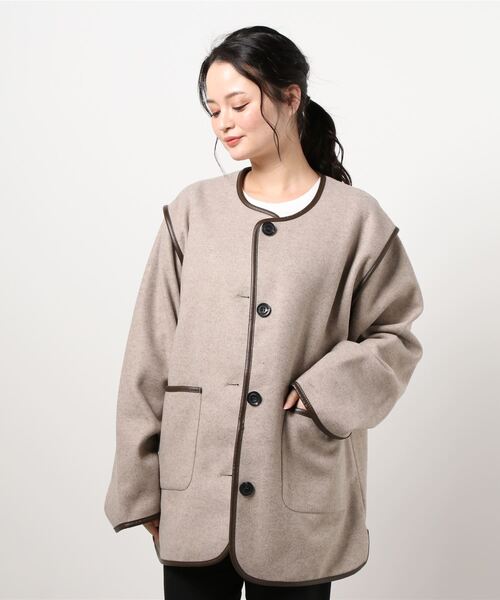 PairPair（ペアペア）の「パイピングミドルジャケット（ノーカラーコート・レディース・ブラウン/ライトベージュ・FREE）」の19枚目の写真