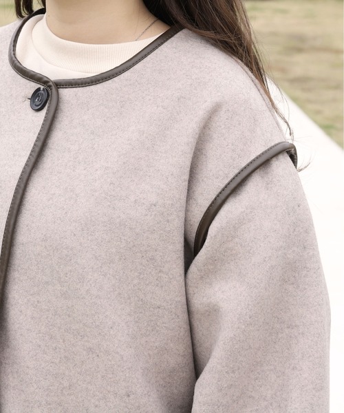 PairPair（ペアペア）の「パイピングミドルジャケット（ノーカラーコート・レディース・ブラウン/ライトベージュ・FREE）」の11枚目の写真