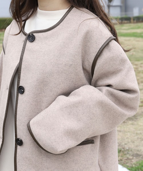 PairPair（ペアペア）の「パイピングミドルジャケット（ノーカラーコート・レディース・ブラウン/ライトベージュ・FREE）」の13枚目の写真
