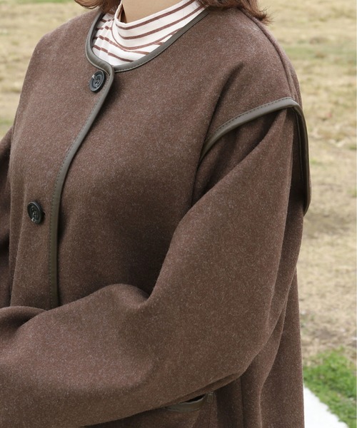 PairPair（ペアペア）の「パイピングミドルジャケット（ノーカラーコート・レディース・ブラウン/ライトベージュ・FREE）」の15枚目の写真