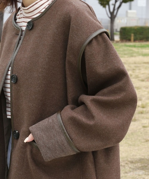 PairPair（ペアペア）の「パイピングミドルジャケット（ノーカラーコート・レディース・ブラウン/ライトベージュ・FREE）」の16枚目の写真