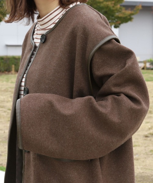 PairPair（ペアペア）の「パイピングミドルジャケット（ノーカラーコート・レディース・ブラウン/ライトベージュ・FREE）」の17枚目の写真