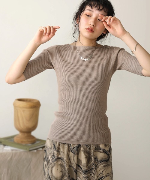 Bab(バブ)の「【WEB限定】半袖リブニットトップス(ニット/セーター・レディース・ブラック/ライトグリーン/アイボリー/グレー系その他・FREE)」の1枚目の写真