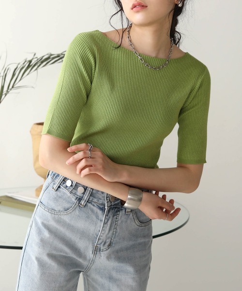Bab(バブ)の「【WEB限定】半袖リブニットトップス(ニット/セーター・レディース・ブラック/ライトグリーン/アイボリー/グレー系その他・FREE)」の4枚目の写真