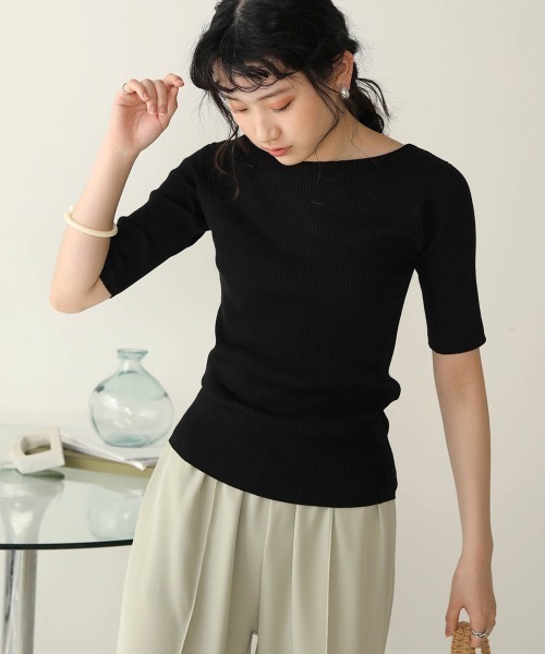 Bab(バブ)の「【WEB限定】半袖リブニットトップス(ニット/セーター・レディース・ブラック/ライトグリーン/アイボリー/グレー系その他・FREE)」の3枚目の写真
