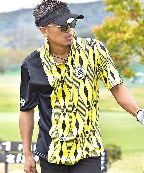 DIVINER GOLF（ディバイナー ゴルフ）の「【DIVINER GOLF】ダイヤ柄切替ストレッチ半袖ポロシャツ（ポロシャツ・メンズ・イエロー/ターコイズブルー・M/L/XL）」の2枚目の写真